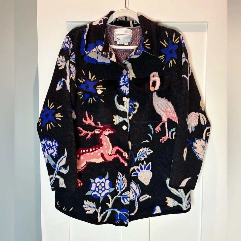 183 Anthropologie Icon Sweater Coat Jacket Deer Flamingo Animals Black size M - Picture 4 of 12